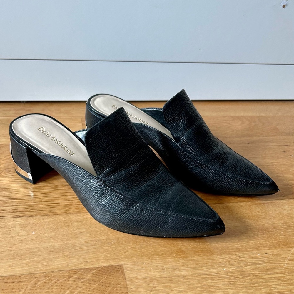 Pointed Toe Leather Loafer Mules with Block Heel